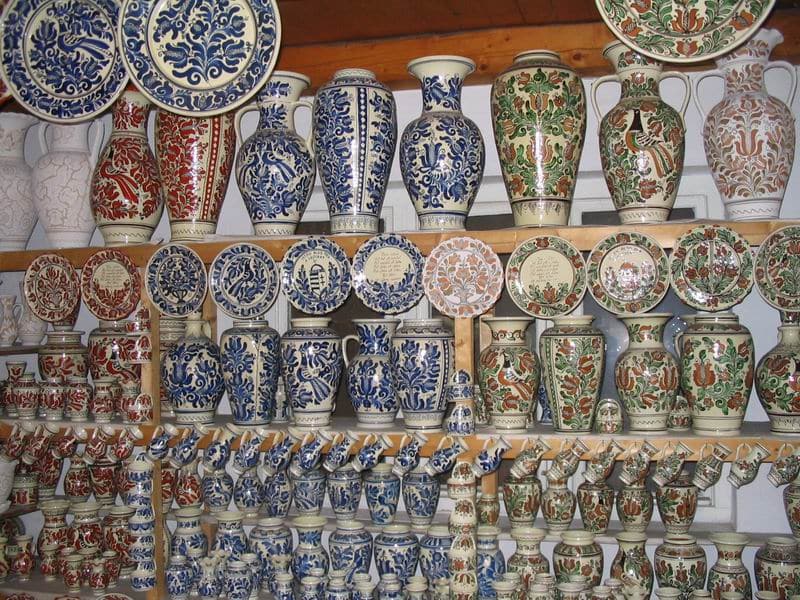 Traditional pottery displayed for sale in Corund, Transylvania