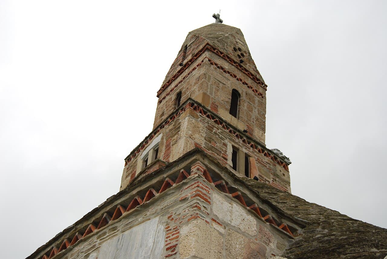 The stone tower of Densuș Church in Hațeg Country, Hunedoara